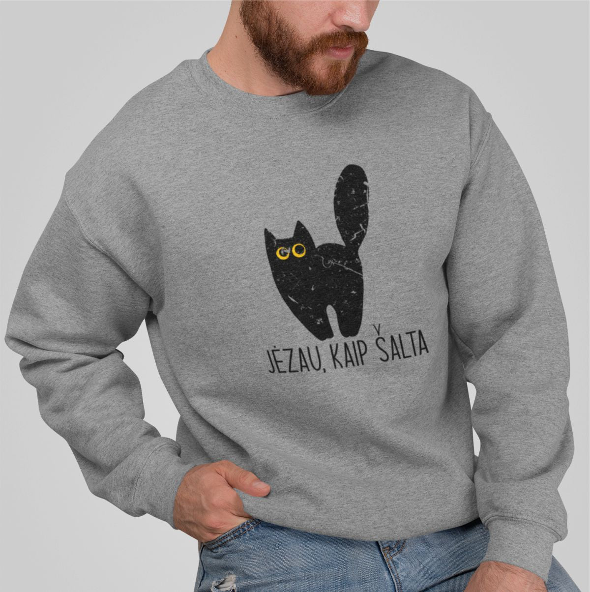 Pilkas melanžinis džemperis be gobtuvo "Jėzau, kaip šalta"