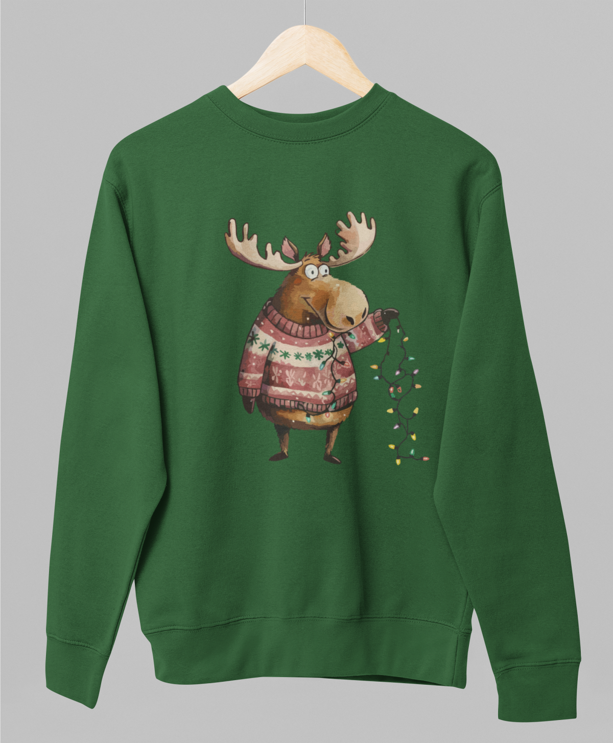 Tamsiai žalias kalėdinis UNISEX džemperis "Briedis su megztuku"