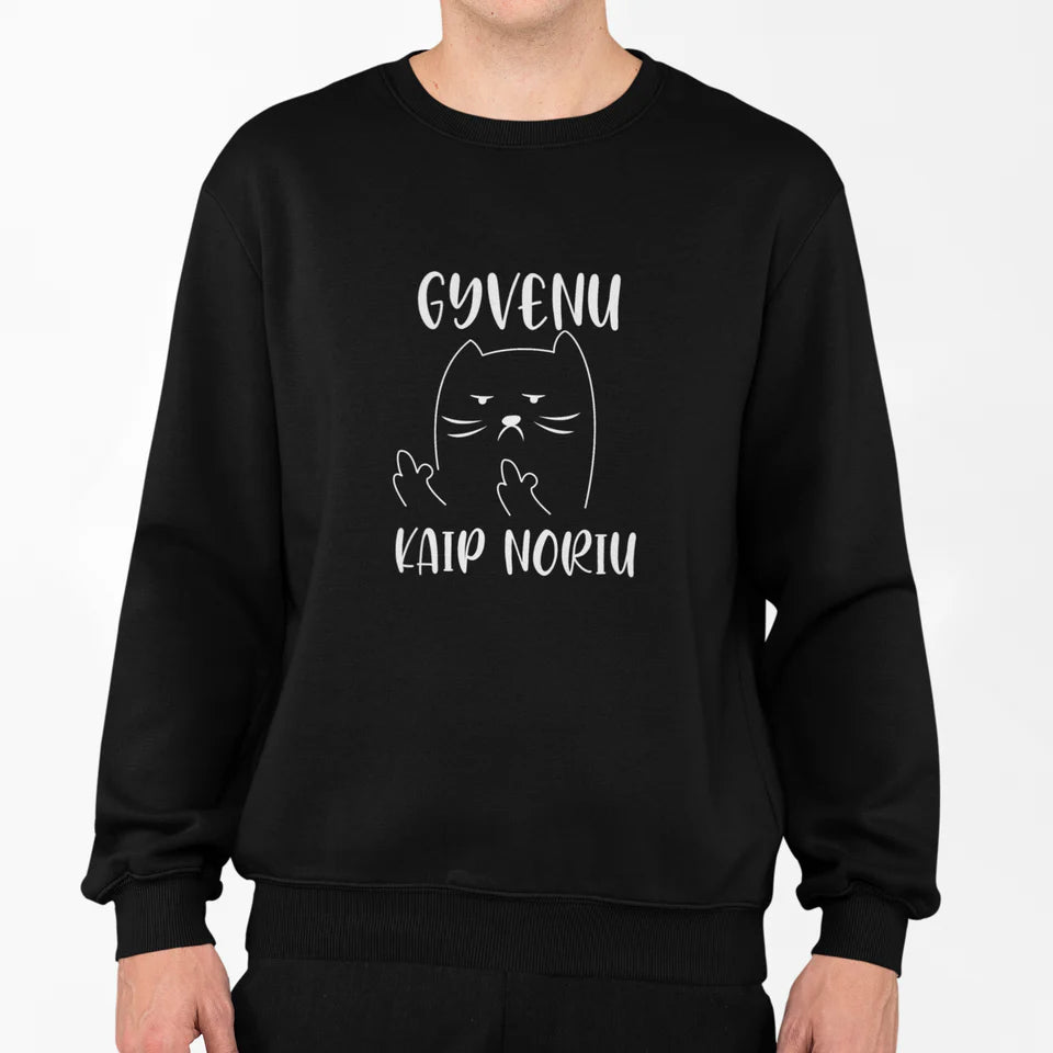 Juodas džemperis be gobtuvo "Gyvenu kaip noriu"  (M dydis). Pagaminta prekė. Greitas išsiuntimas!