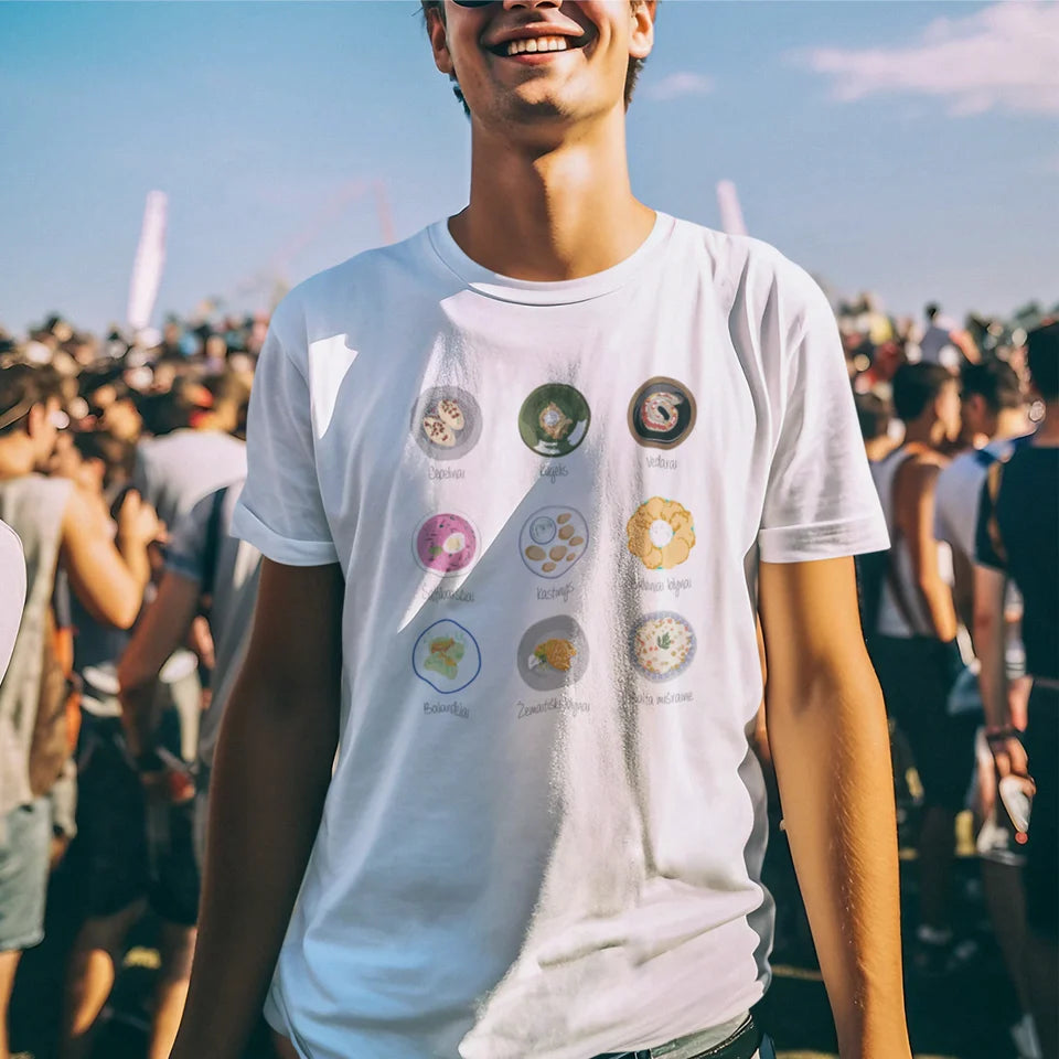 Balti UNISEX marškinėliai "Lietuviški patiekalai“ (S dydis). Pagaminta prekė. Greitas išsiuntimas!