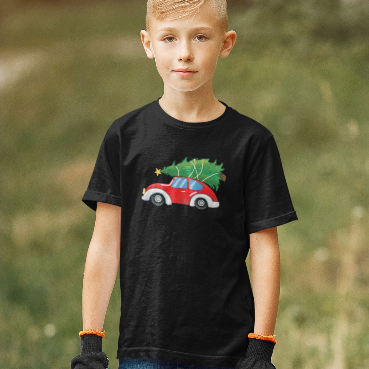 Juodi vaikiški marškinėliai "Kalėdinė mašinytė"