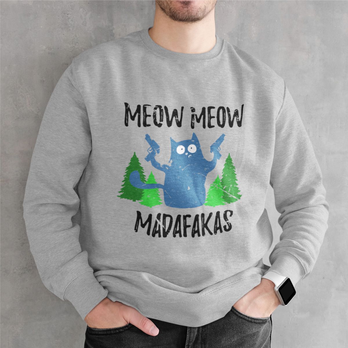 Pilkas melanžinis UNISEX džemperis be gobtuvo "Meow meow" (S, M dydis) JUODOJO PENKTADIENIO pasiūlymas!