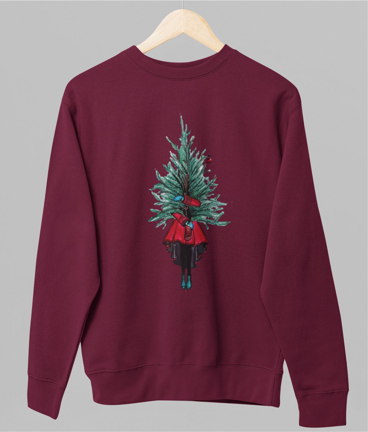 Burgundiškas džemperis be gobtuvo "Mergina su eglute" (XS dydis) ŠIURPNAKČIO PASIŪLYMAS