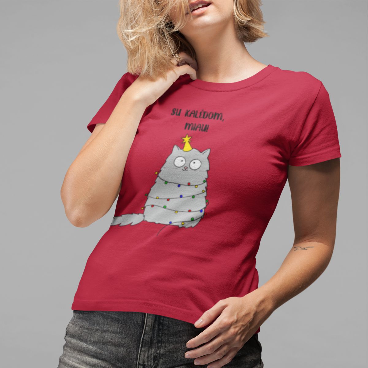 Raudoni moteriški marškinėliai "Su Kalėdom, Miau" (S, XL dydis) ŠIURPNAKČIO PASIŪLYMAS