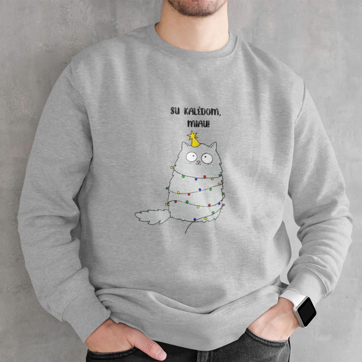 Pilkas UNISEX džemperis "Su Kalėdom, Miau" (XL dydis) ŠIURPNAKČIO PASIŪLYMAS