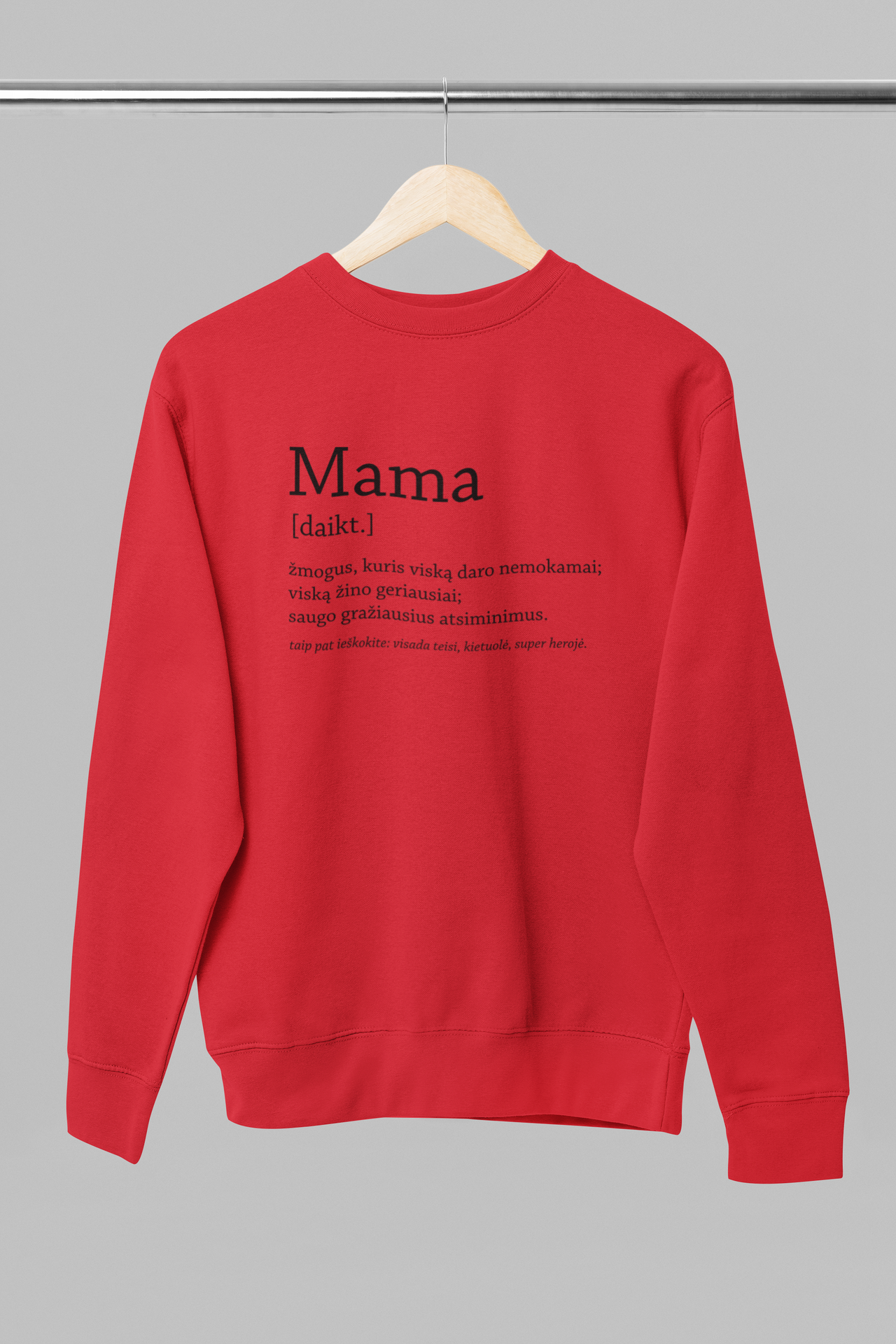 Raudonas džemperis be gobtuvo "Mamos aprašymas"