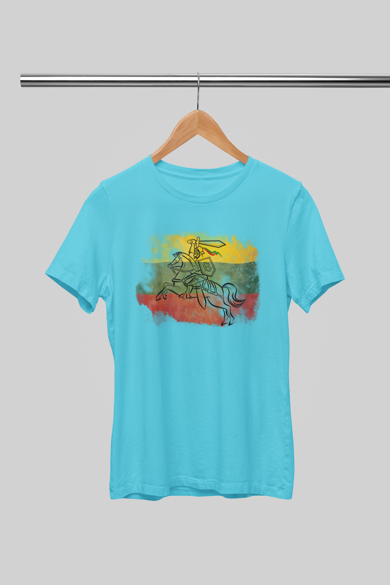 Lagūnos mėlynos spalvos unisex marškinėliai "Trispalvė su Vyčiu“