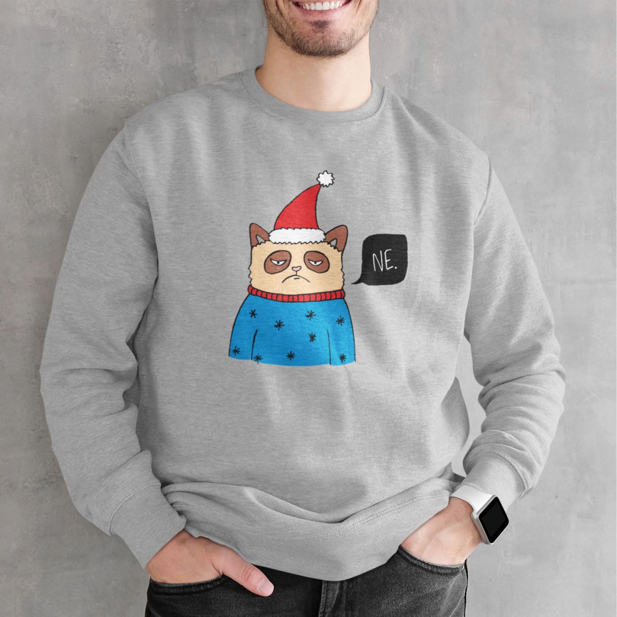 Pilkas UNISEX džemperis be gobtuvo "Nekalėdinis katinas" (S dydis) ŠIURPNAKČIO PASIŪLYMAS