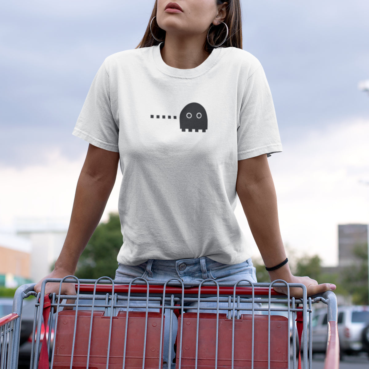 Balti unisex marškinėliai poroms „Pacman žaidimas“