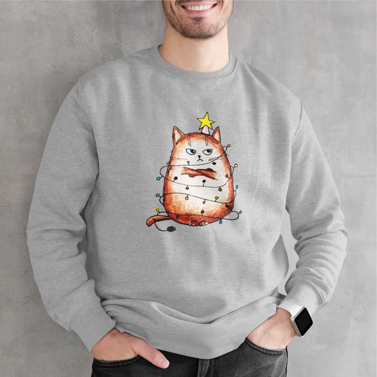 Pilkas džemperis be gobtuvo "Pikts katins" (XS, S, M, XL dydis) ŠIURPNAKČIO PASIŪLYMAS