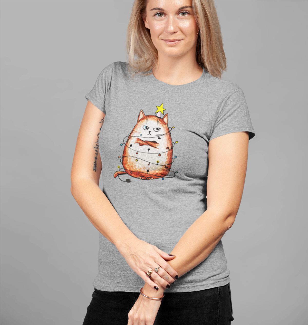 Pilki moteriški kalėdiniai marškinėliai "Pikts katins" (M dydis) ŠIURPNAKČIO PASIŪLYMAS