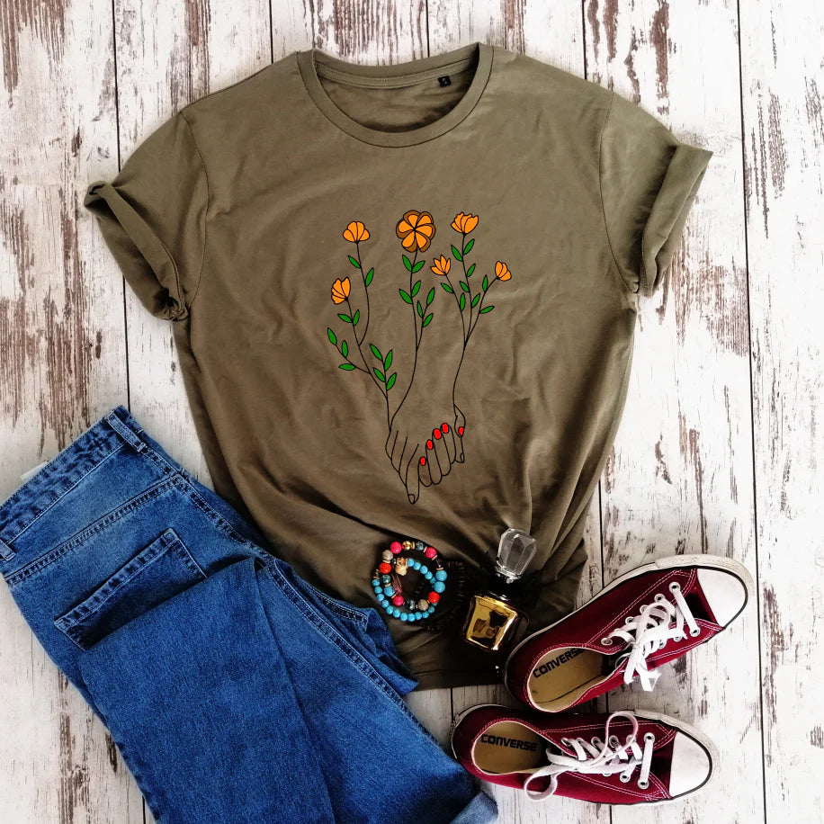 Khaki spalvos Unisex marškinėliai "Rankos" (L dydis). Pagaminta prekė. Greitas išsiuntimas!