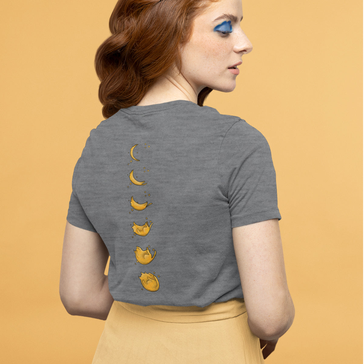 Pilki UNISEX marškinėliai su spauda ant nugaros "Katinuko fazės“