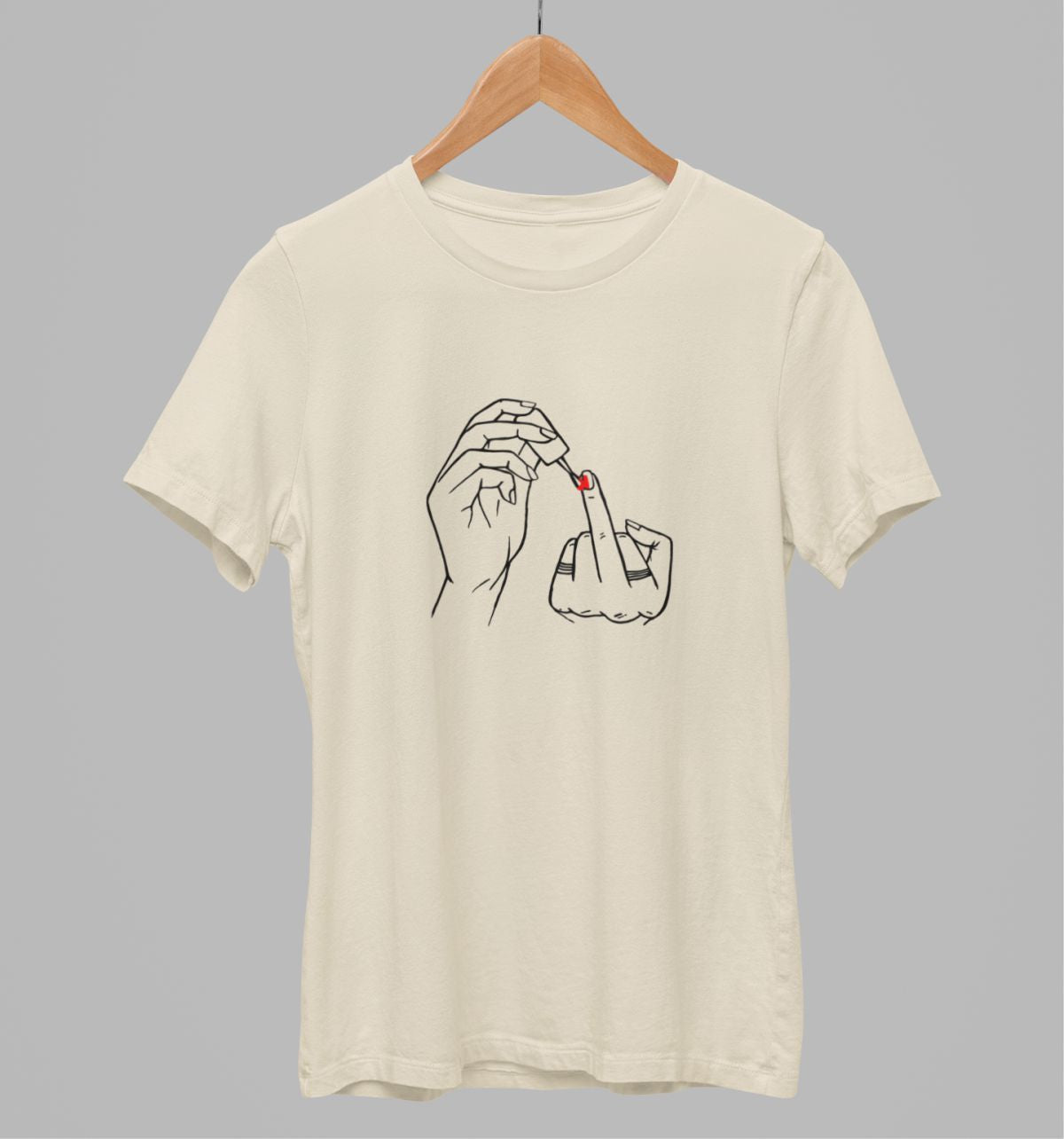 Smėliniai 100% medvilnės marškinėliai "Raudonas nagų lakas" (M dydis) ŠIURPNAKČIO PASIŪLYMAS