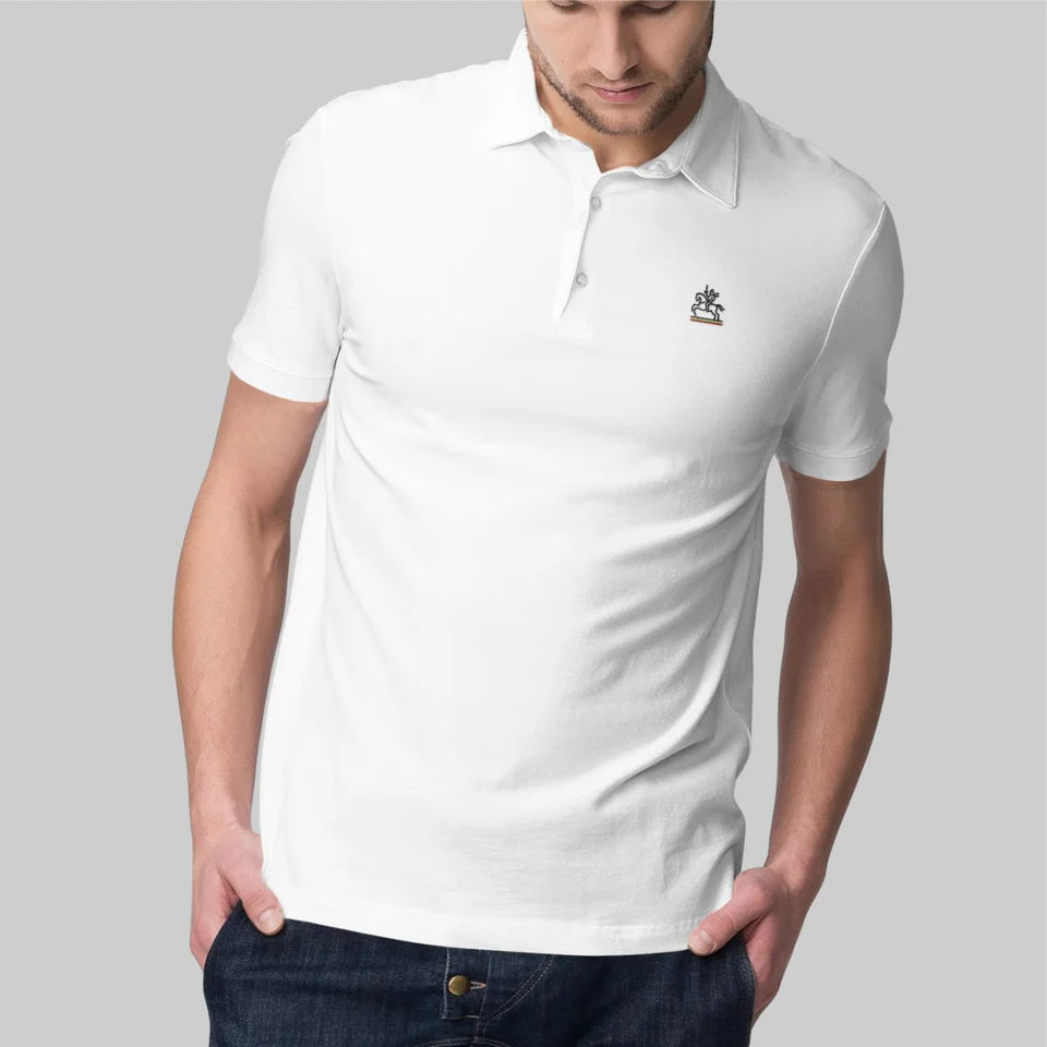 Balti vyriški polo marškinėliai "Mūsų didvyris" (XL dydis). Pagaminta prekė. Greitas išsiuntimas!
