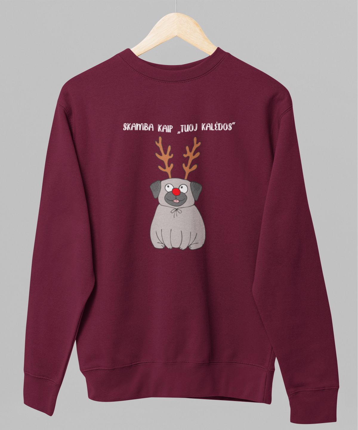 Burgundiškas UNISEX džemperis Kalėdoms "Skamba kaip" (S dydis) ŠIURPNAKČIO PASIŪLYMAS
