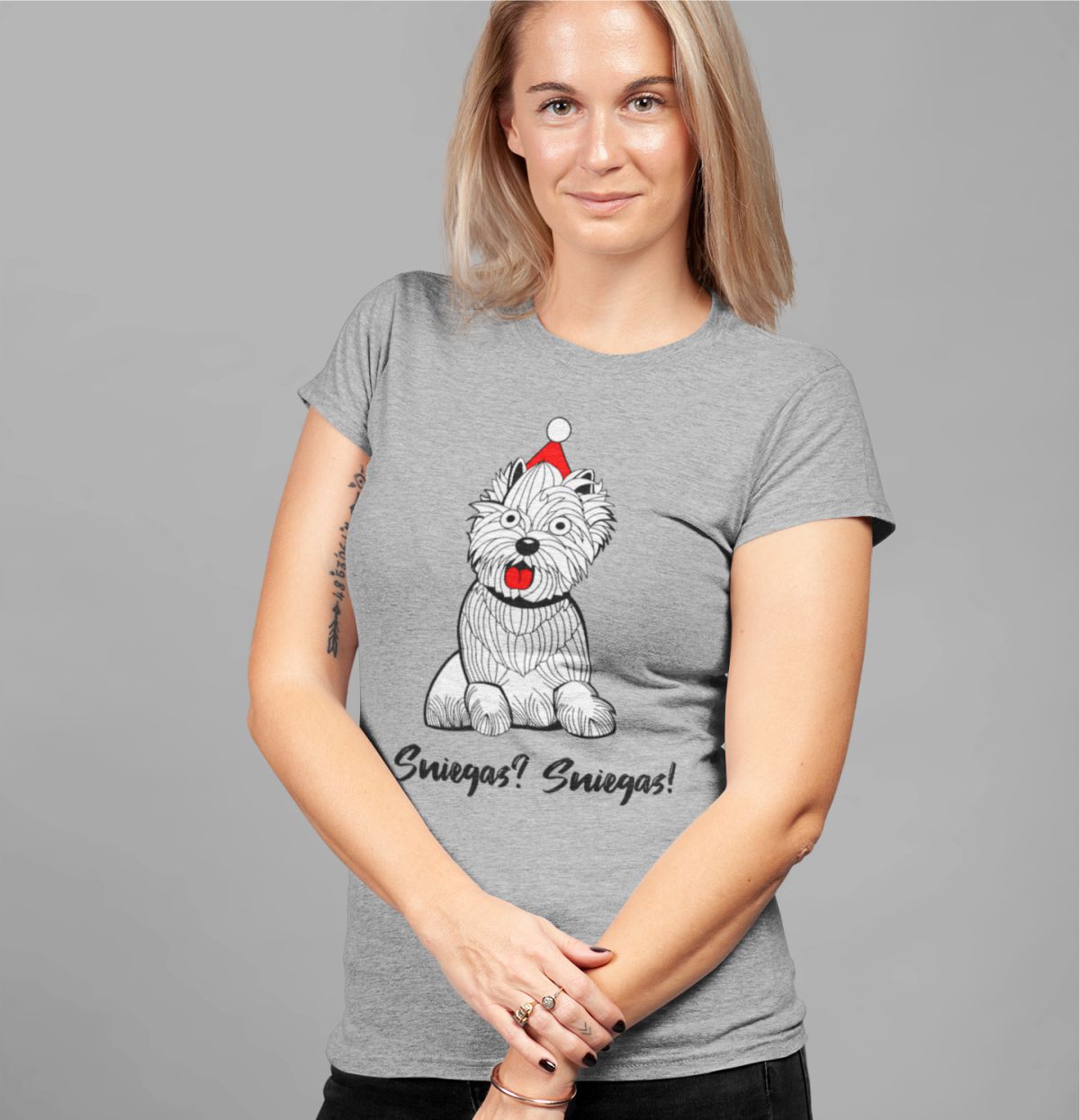 Pilki moteriški marškinėliai "Sniegas? Sniegas!" (S dydis) ŠIURPNAKČIO PASIŪLYMAS