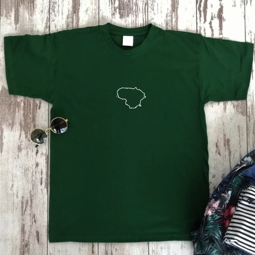 Tamsiai žali unisex marškinėliai "Lietuvos kontūrai" (XL dydis). Pagaminta prekė. Greitas išsiuntimas!