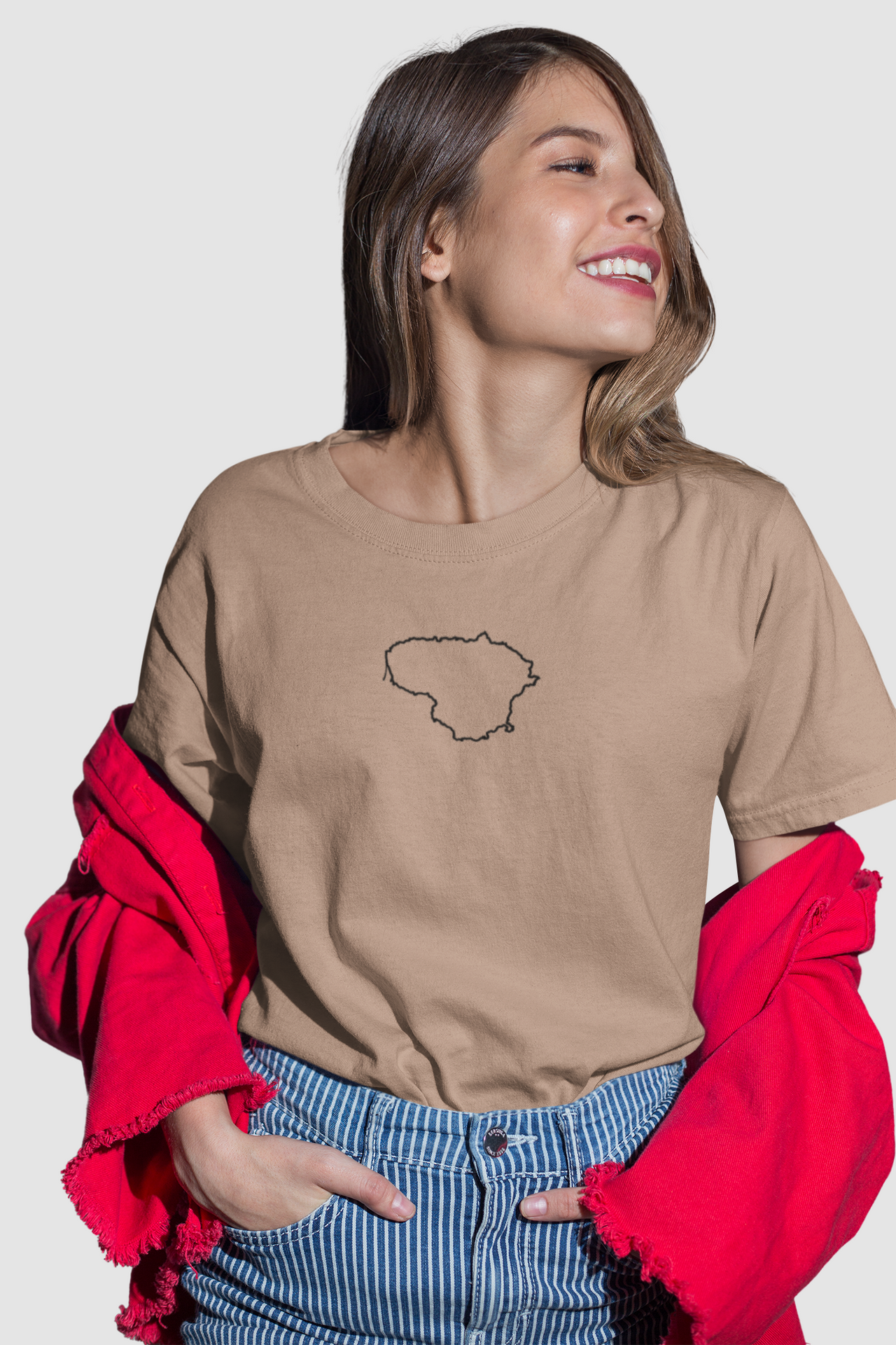 Smėlio spalvos Oversize Unisex marškinėliai "Lietuvos kontūrai“