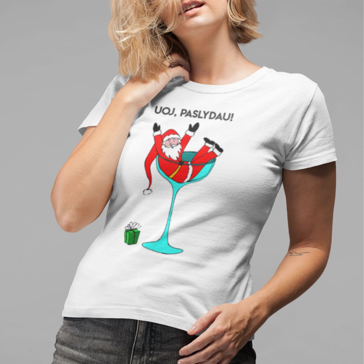 Balti moteriški marškinėliai "Uoj, paslydau" (M dydis) ŠIURPNAKČIO PASIŪLYMAS