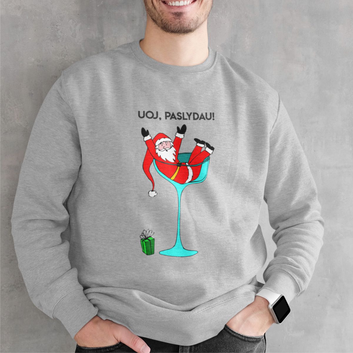 Pilkas UNISEX džemperis be gobtuvo "Uoj, paslydau" (L dydis) ŠIURPNAKČIO PASIŪLYMAS