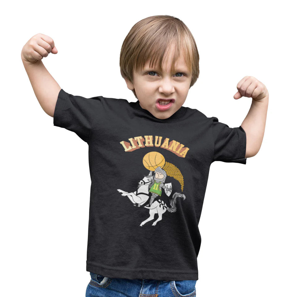 Juodi vaikiški marškinėliai "Lietuvos krepšinio herojus“ (10 metų vaikui). Pagaminta prekė. Greitas išsiuntimas!