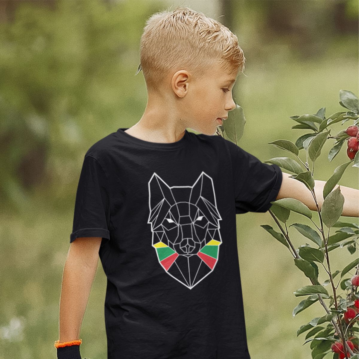Juodi vaikiški marškinėliai "Geometrinis vilkas"