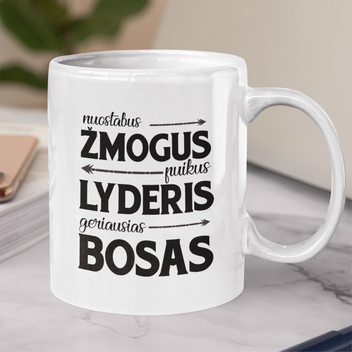 Puodelis su spauda "Bosas - lyderis"