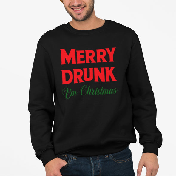 Juodas UNISEX džemperis be gobtuvo "Merry drunk"