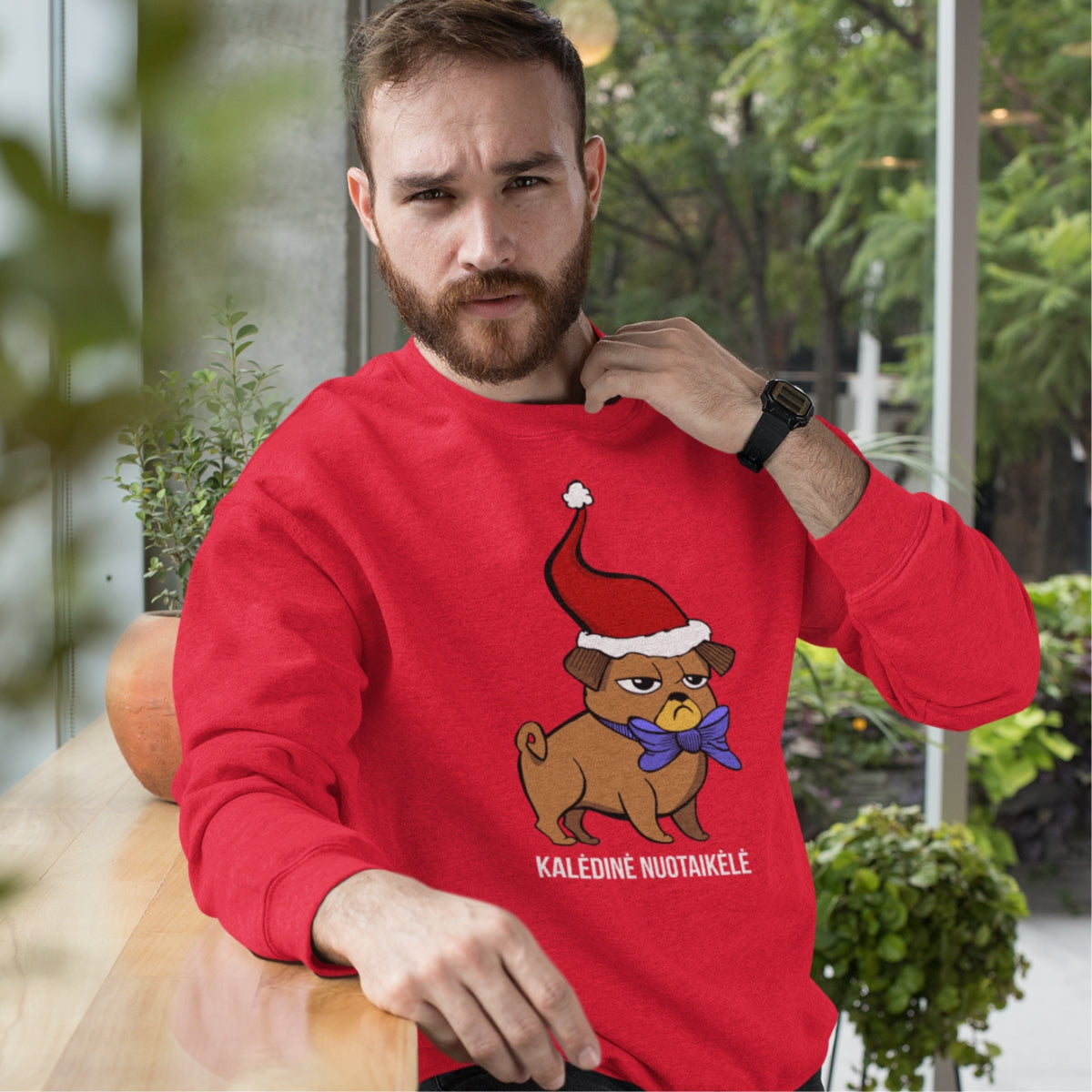 Raudonas UNISEX džemperis be gobtuvo "Kalėdinė nuotaikėlė" (S dydis) BLACK FRIDAY