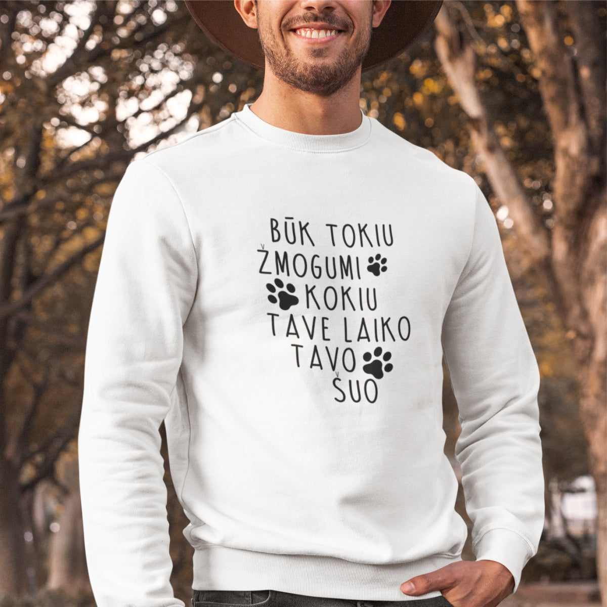 Baltas UNISEX džemperis be gobtuvo "Būk tokiu žmogumi"