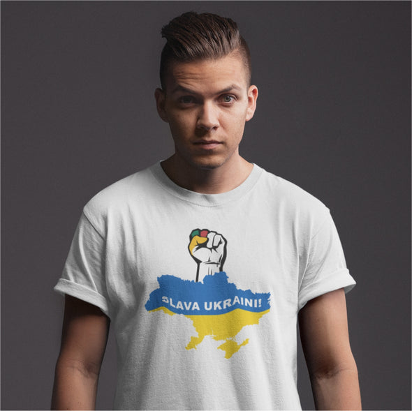Balti UNISEX marškinėliai "Slava Ukraini kumštis“