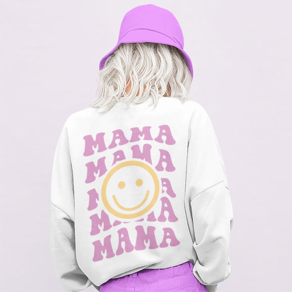 Baltas džemperis be gobtuvo su spauda ant nugaros "Mama su šypsenėle"