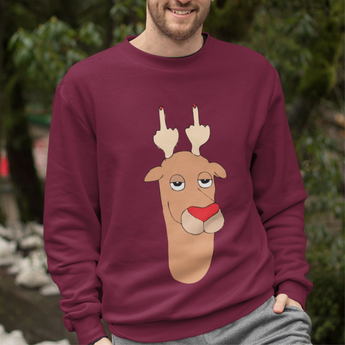 Burgundiškas UNISEX džemperis be gobtuvo "Linksmas briedis"