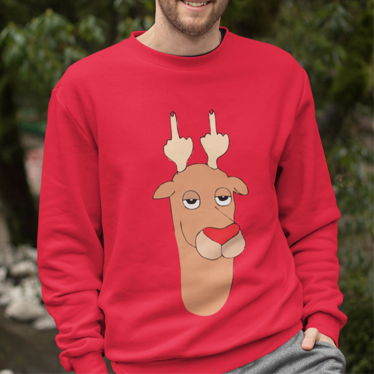 Raudonas UNISEX džemperis be gobtuvo "Linksmas briedis"