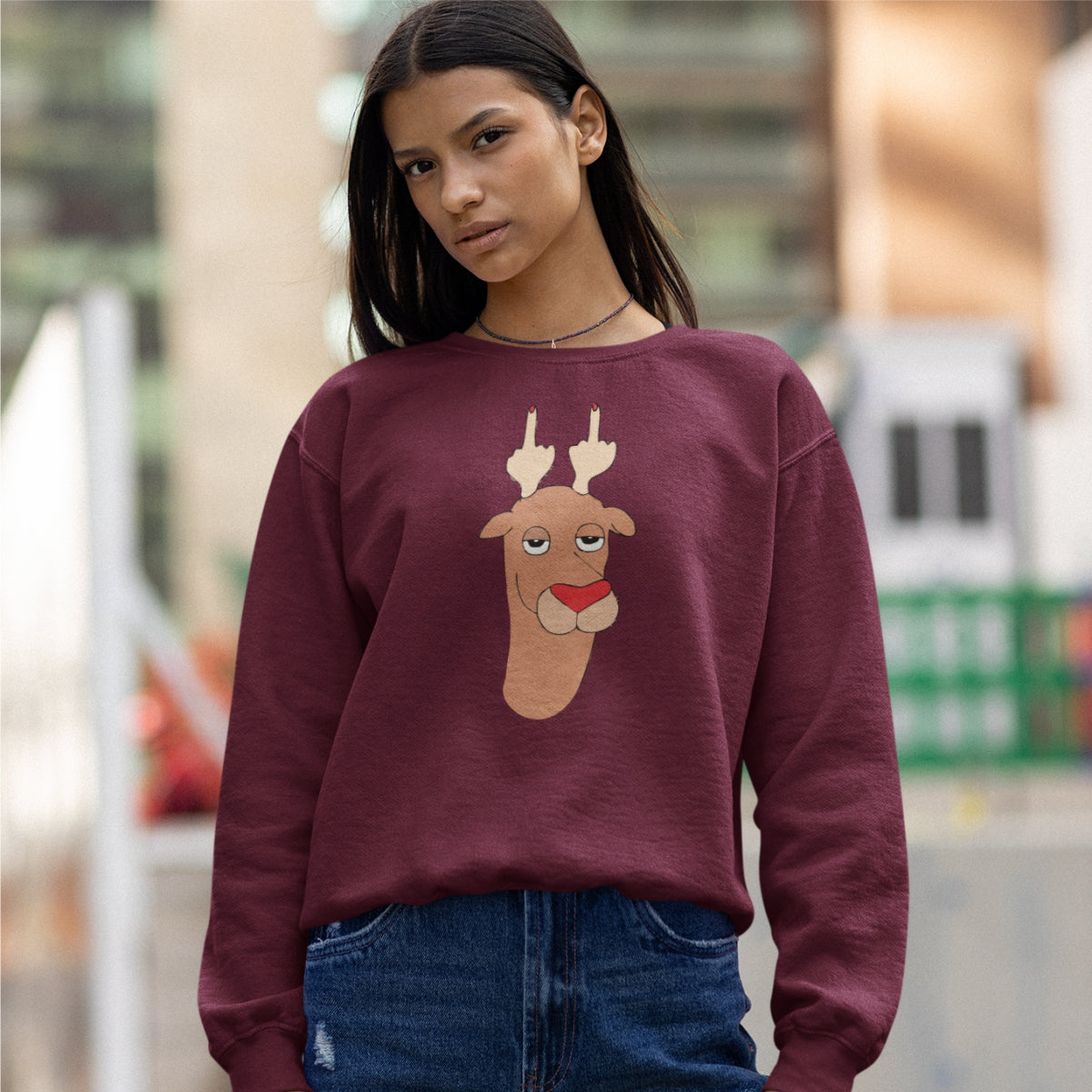 Burgundiškas UNISEX džemperis be gobtuvo "Linksmas briedis"