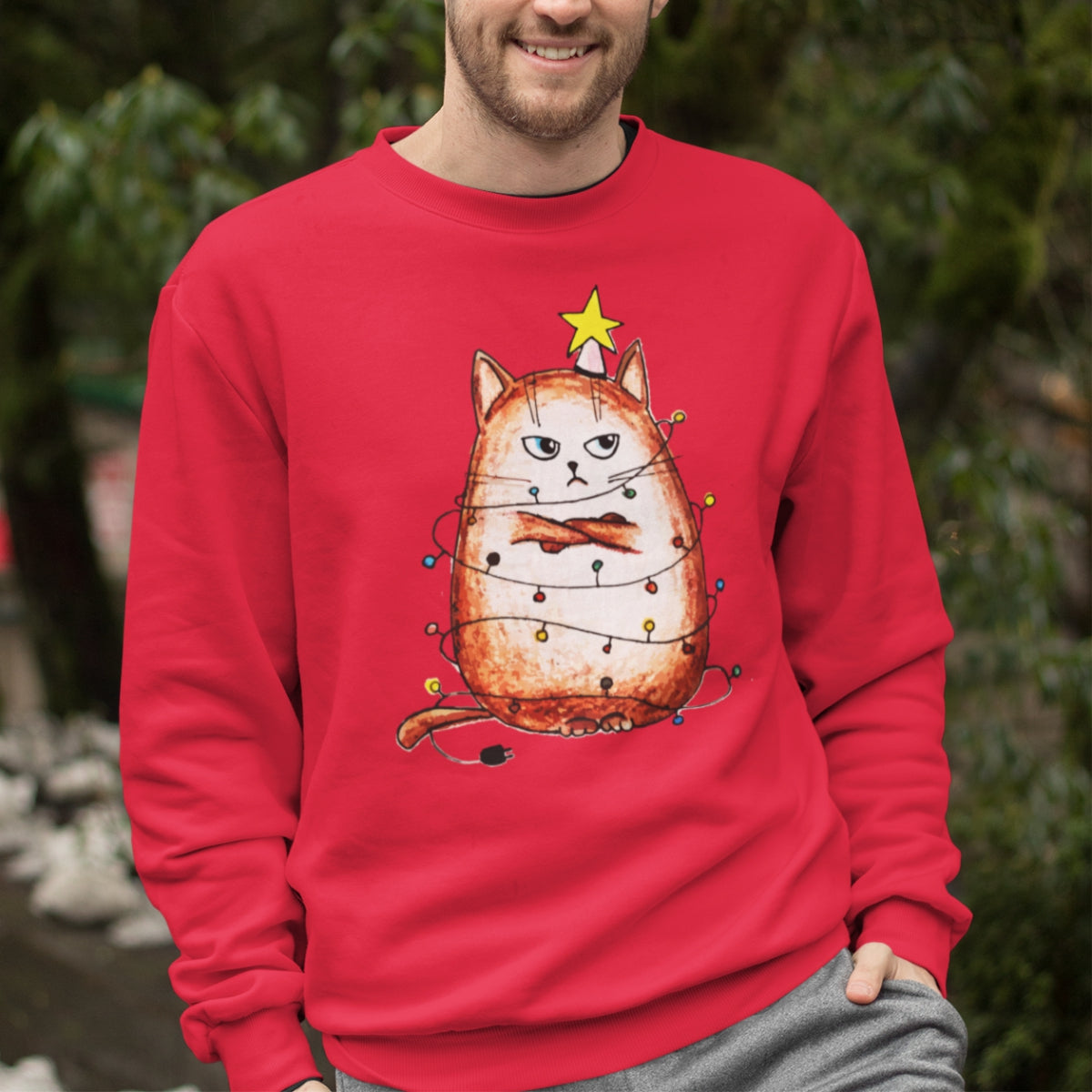 Raudonas UNISEX džemperis be gobtuvo "Pikts katins" (S, L dydis) ŠIURPNAKČIO PASIŪLYMAS