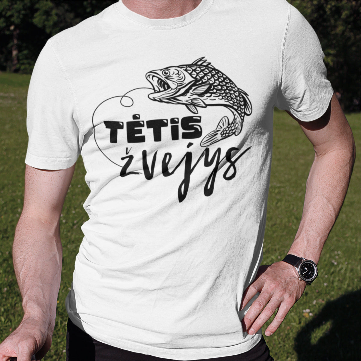 Balti marškinėliai tėčiui "Tėtis žvejys"