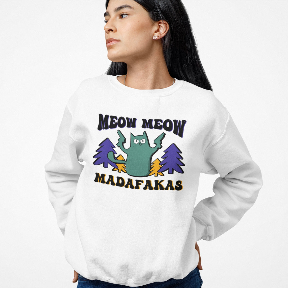 Baltas UNISEX džemperis be gobtuvo " Naujas Meow meow"