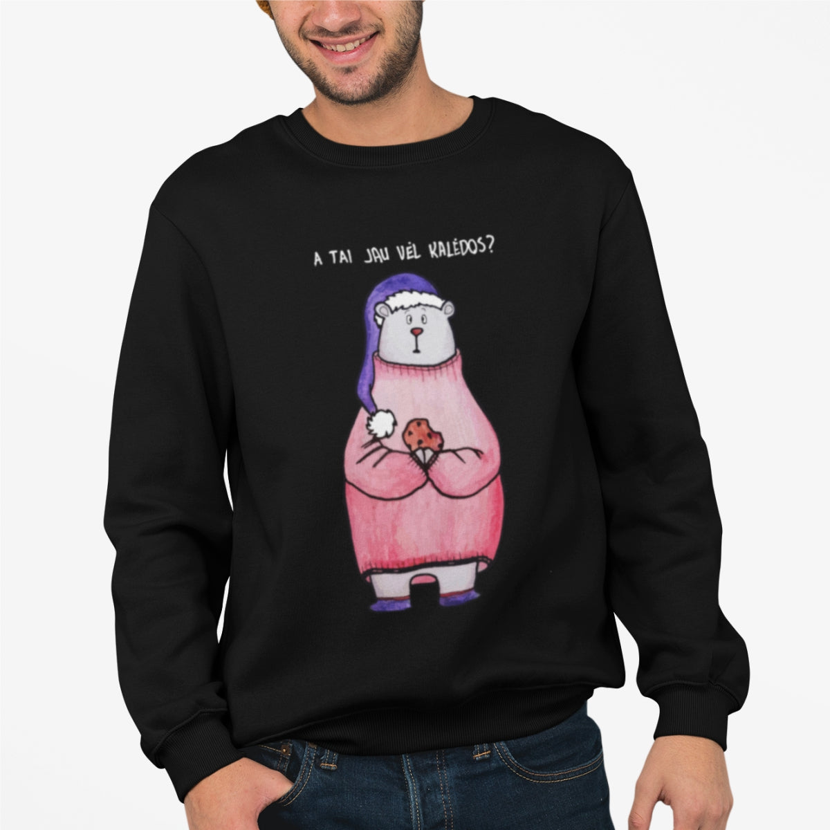 Juodas UNISEX džemperis be gobtuvo "A tai jau vėl kalėdos"