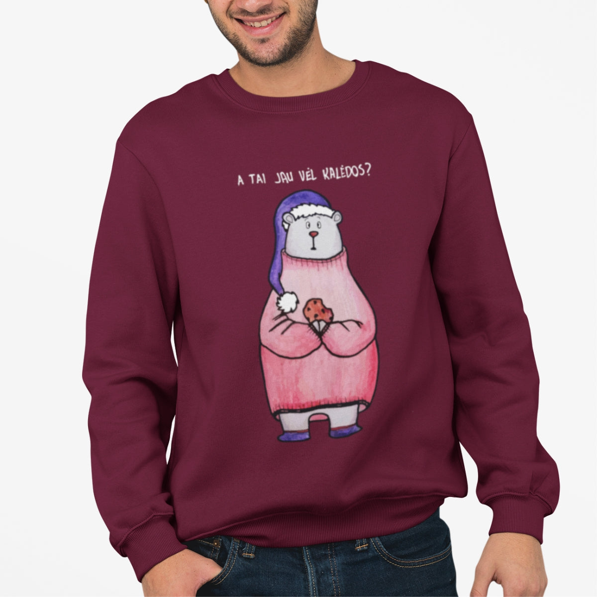 Burgundiškas UNISEX džemperis be gobtuvo "A tai jau vėl kalėdos"
