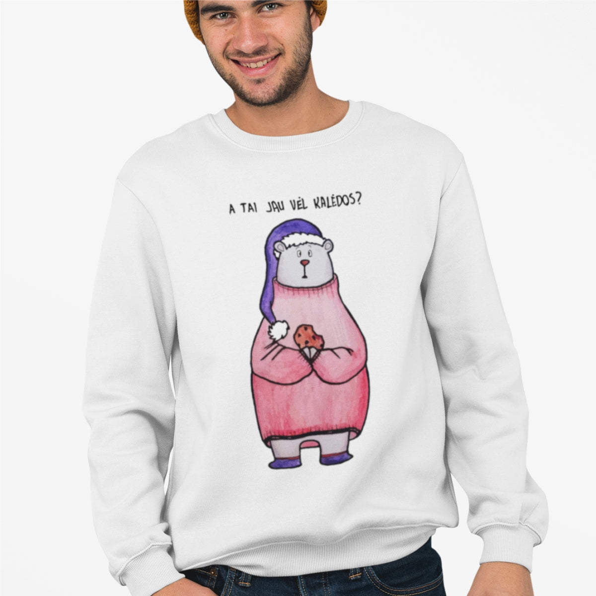 Baltas UNISEX džemperis be gobtuvo "A tai jau vėl kalėdos"