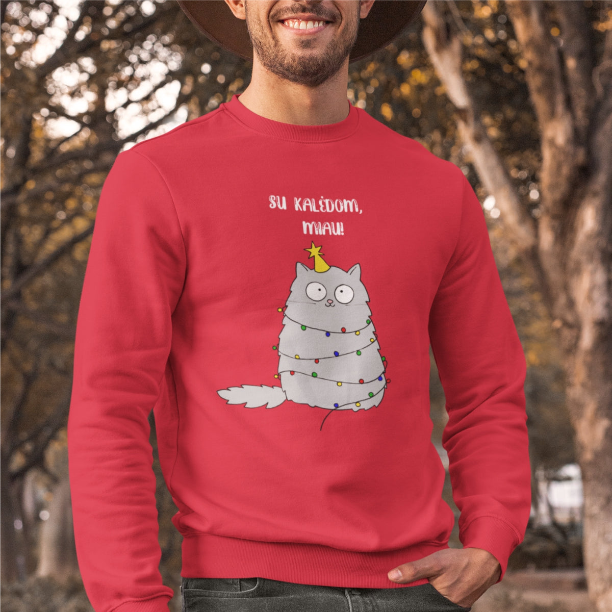 Raudonas UNISEX džemperis "Su Kalėdom, Miau" (XS, S, 2XL dydis) ŠIURPNAKČIO PASIŪLYMAS