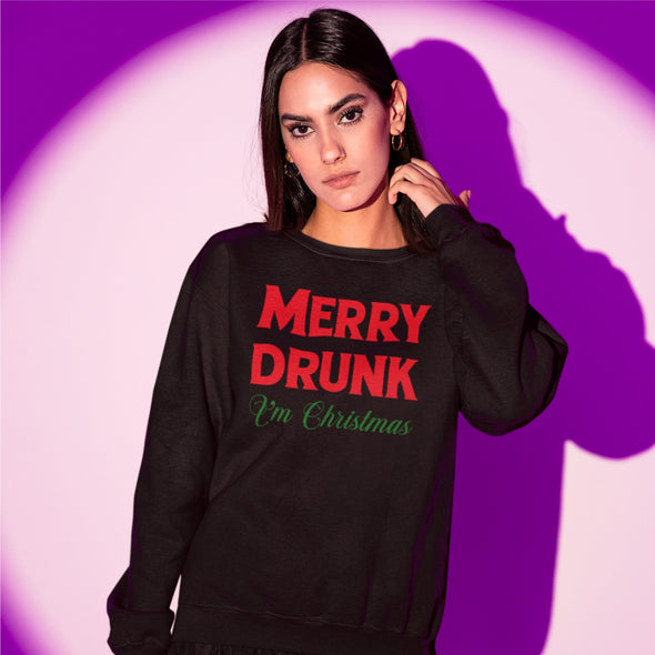 Juodas UNISEX džemperis be gobtuvo "Merry drunk"