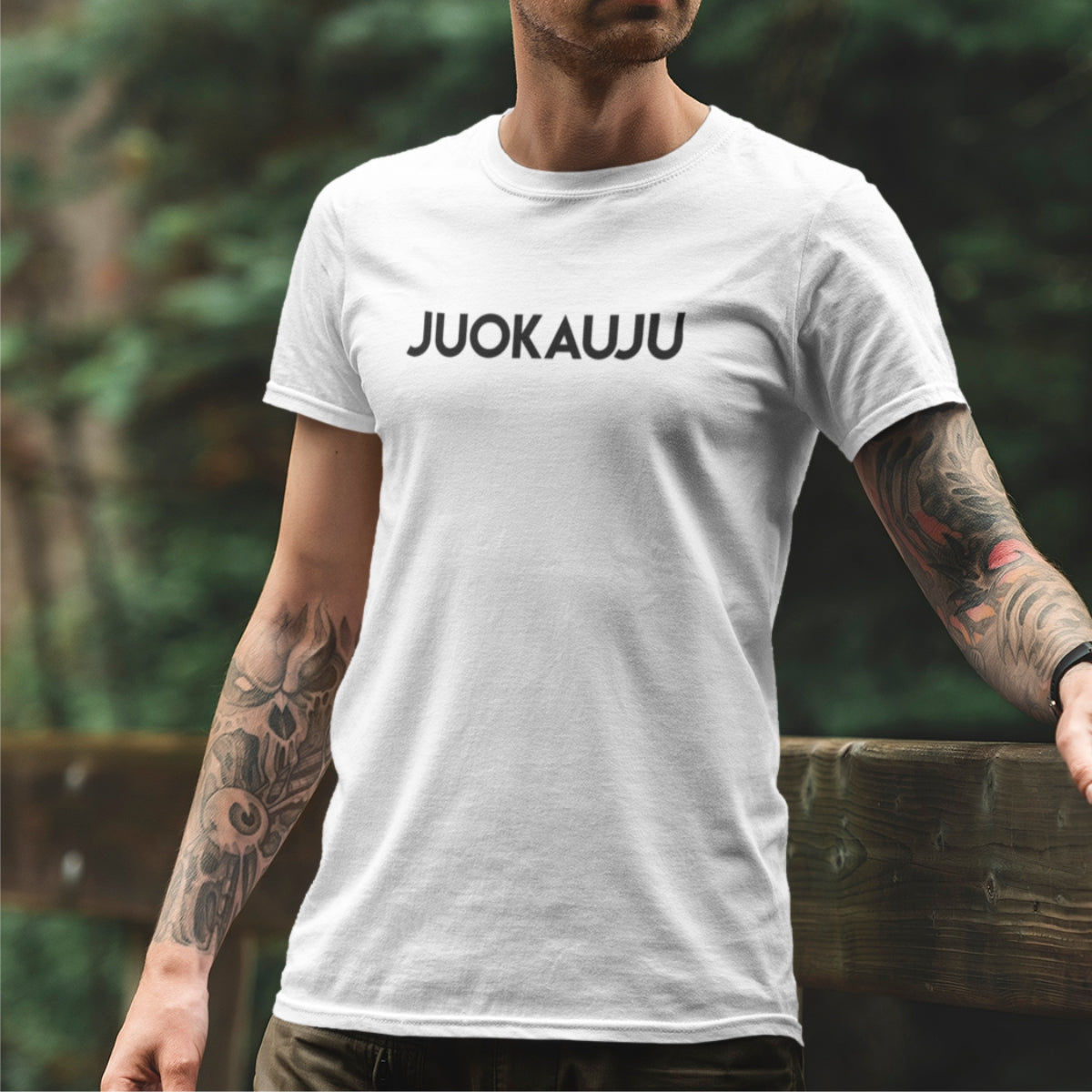 Balti UNISEX marškinėliai "JUOKAUJU"