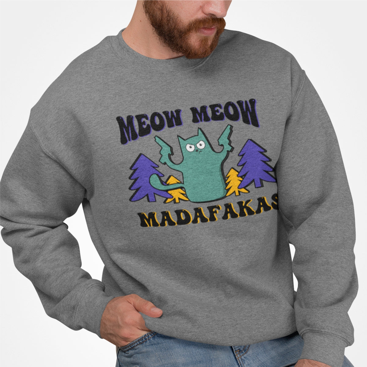 Pilkas melanžinis UNISEX džemperis be gobtuvo " Naujas Meow meow"