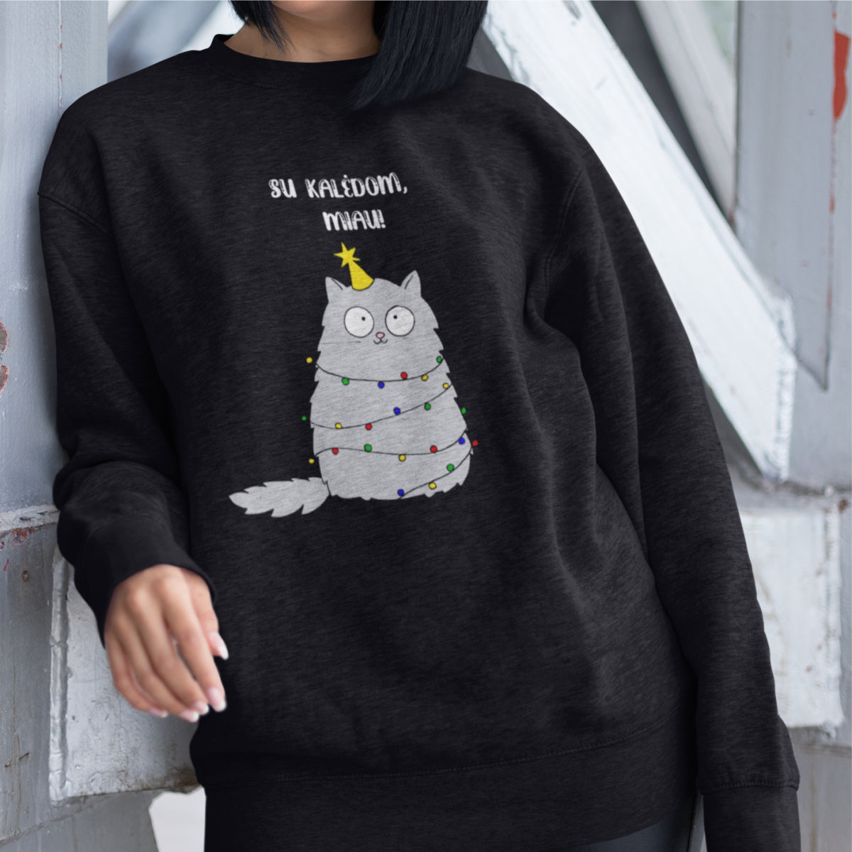 Juodas UNISEX džemperis "Su Kalėdom, Miau" (L, 2XL dydis) ŠIURPNAKČIO PASIŪLYMAS