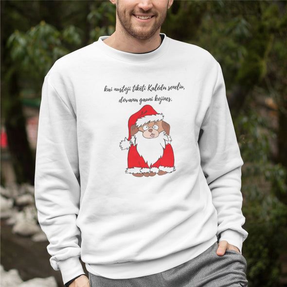 Baltas UNISEX džemperis be gobtuvo "Kai nustoji tikėt Kalėdų seneliu"