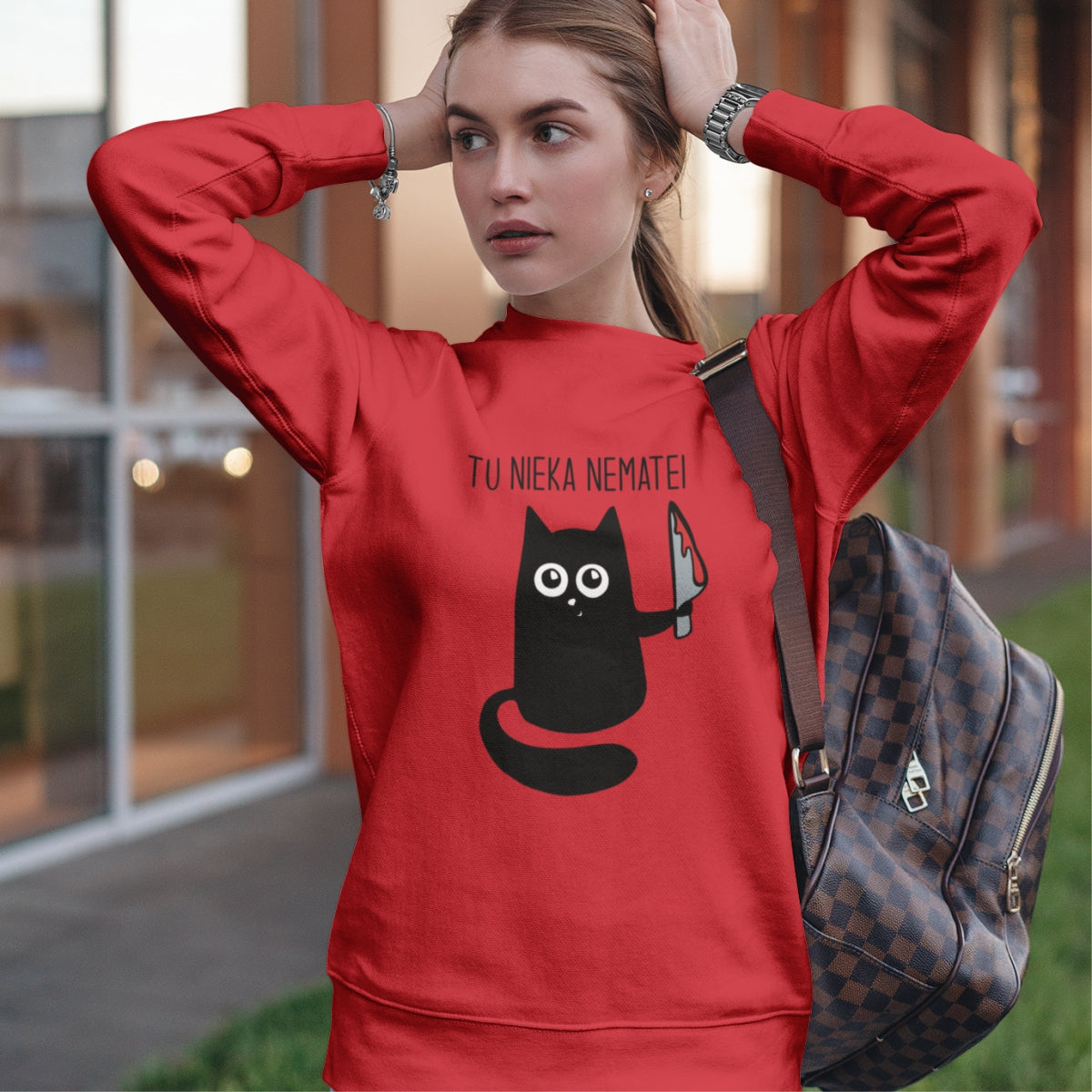 Raudonas UNISEX džemperis be gobtuvo "Tu nieka nematei" Ribotas kiekis (XS)