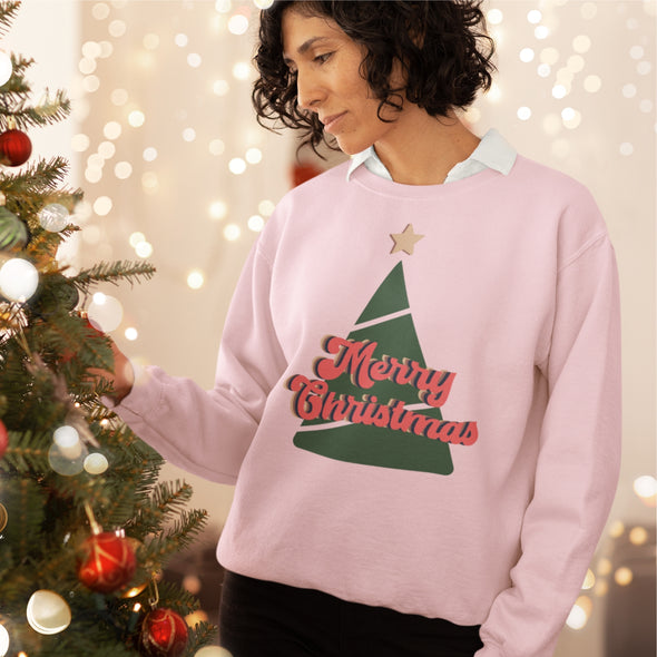 Rausvos spalvos organinės medvilnės UNISEX džemperis be gobtuvo "Merry Christmas tree"